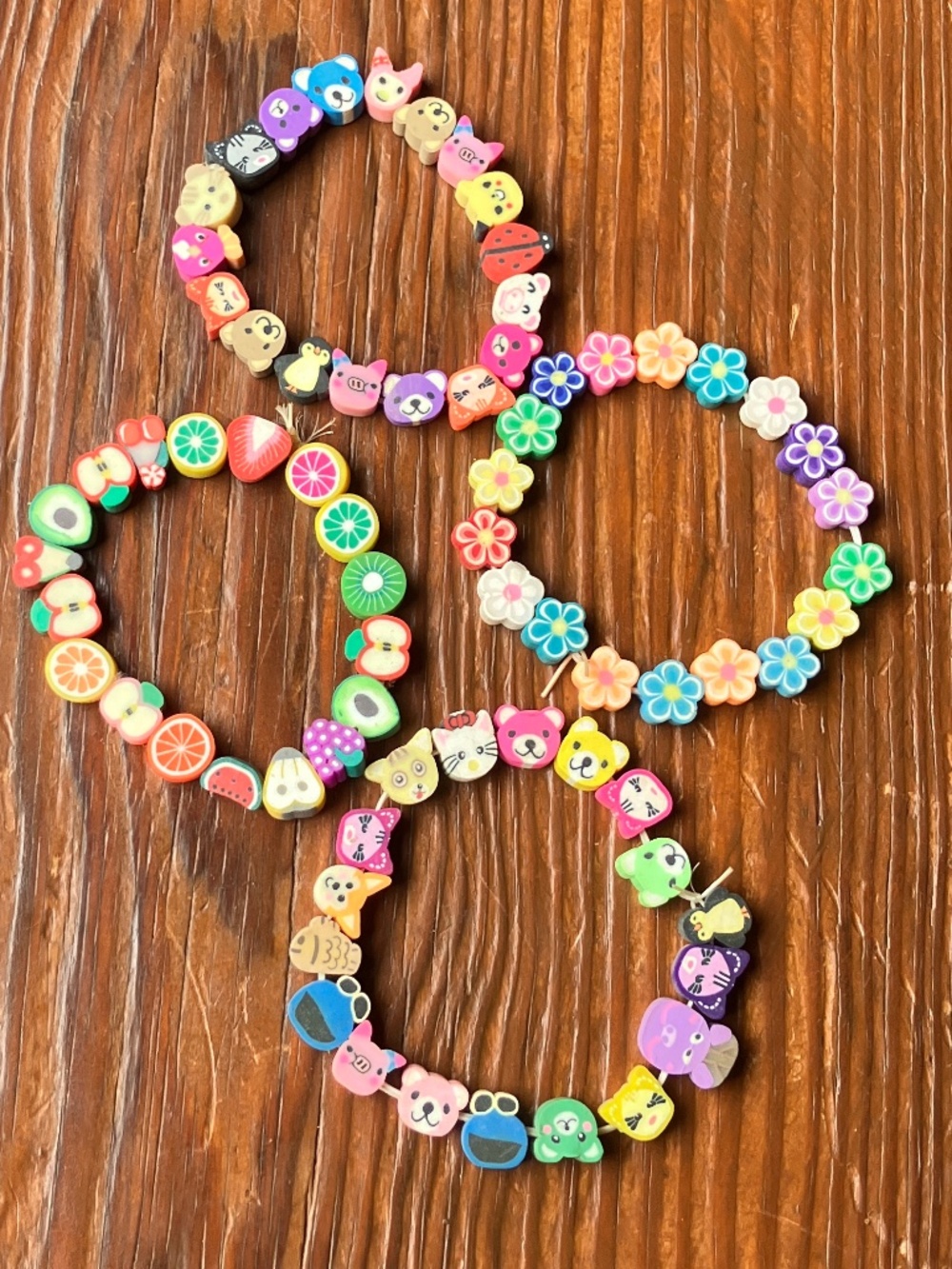 🌈 Set of 4 Handmade Y2K Polymer Clay Bead Bracelets | Kawaii Fruit & Floral